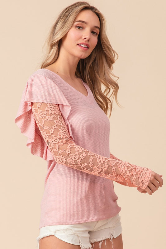 BiBi Ruffled Lace Sleeve Rib Knit Top - Brand BiBi