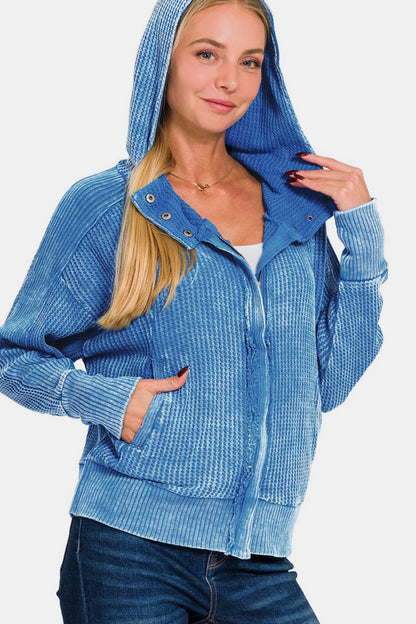 Zenana Washed Zip Up Hooded Jacket- Brand Zenana