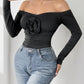Perfee Ruched Flower Off-Shoulder Long Sleeve Bodysuit