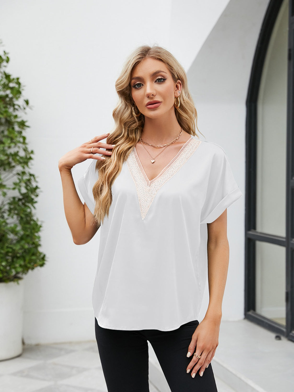 V-Neck Short Sleeve Blouse