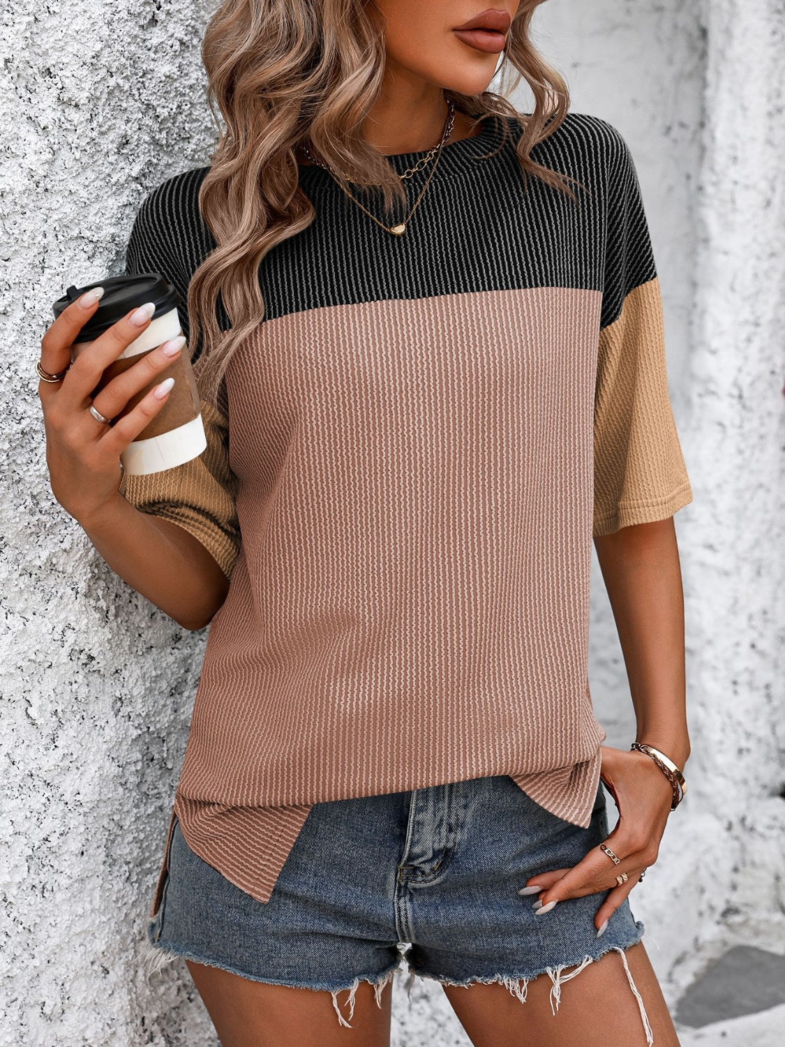 Full Size Color Block Round Neck Half Sleeve T-Shirt