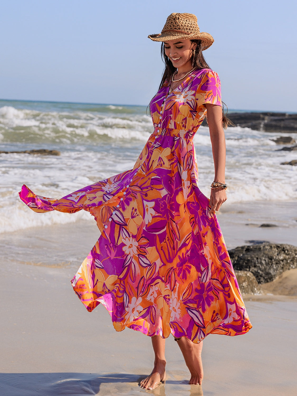 Full Size Printed V-Neck Short Sleeve Midi Dress