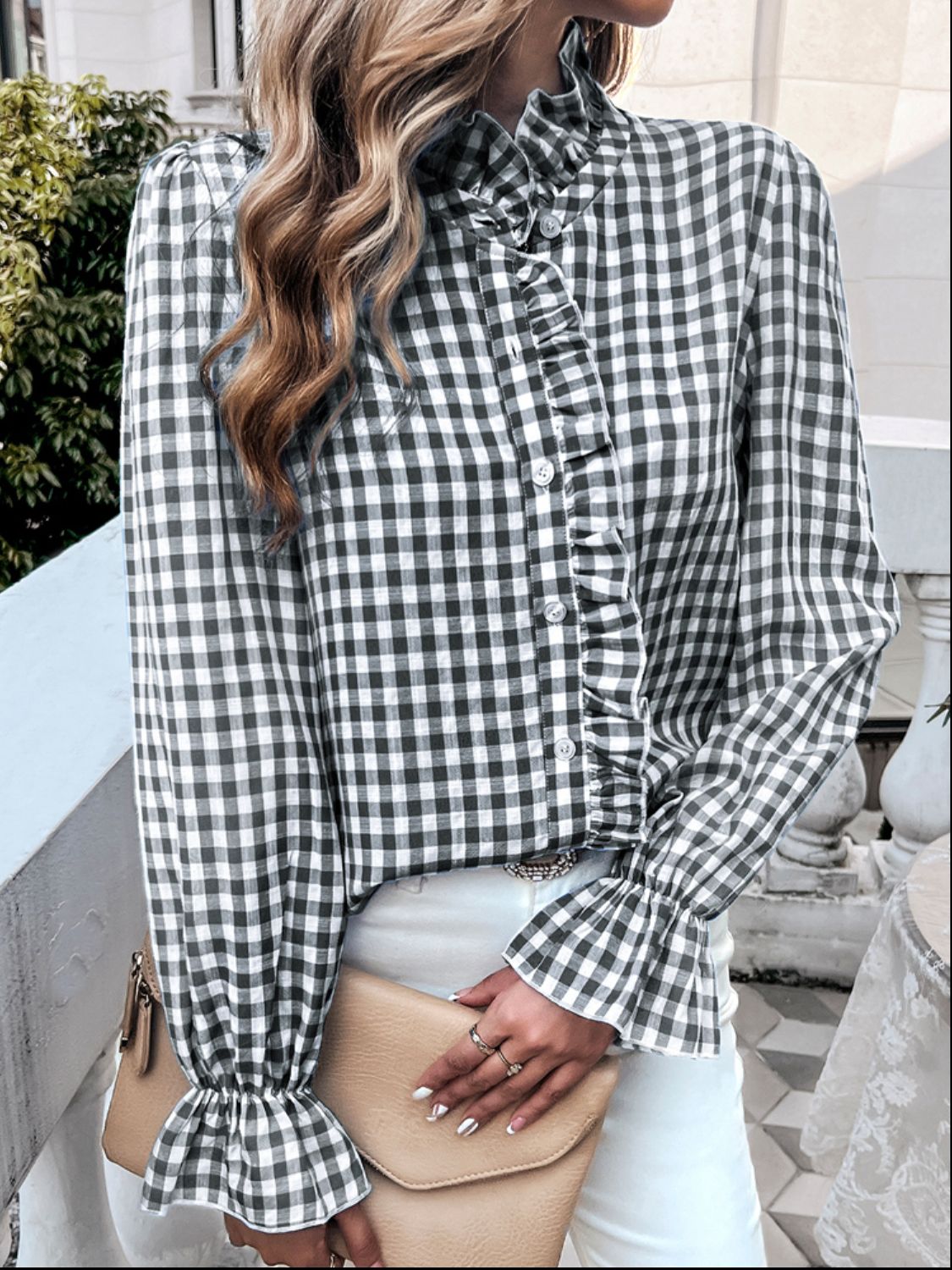 Frill Ruffled Plaid Long Sleeve Shirt