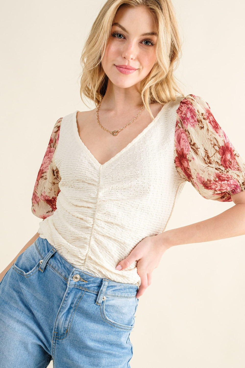 And The Why Full Size Floral Print Textured Sleeve Knit Top *