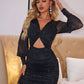 Glitter Cutout Twisted V-Neck Lantern Sleeve Mini Dress