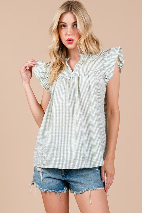 Ces Femme Plaid Notched Ruffled Cap Sleeve Blouse *