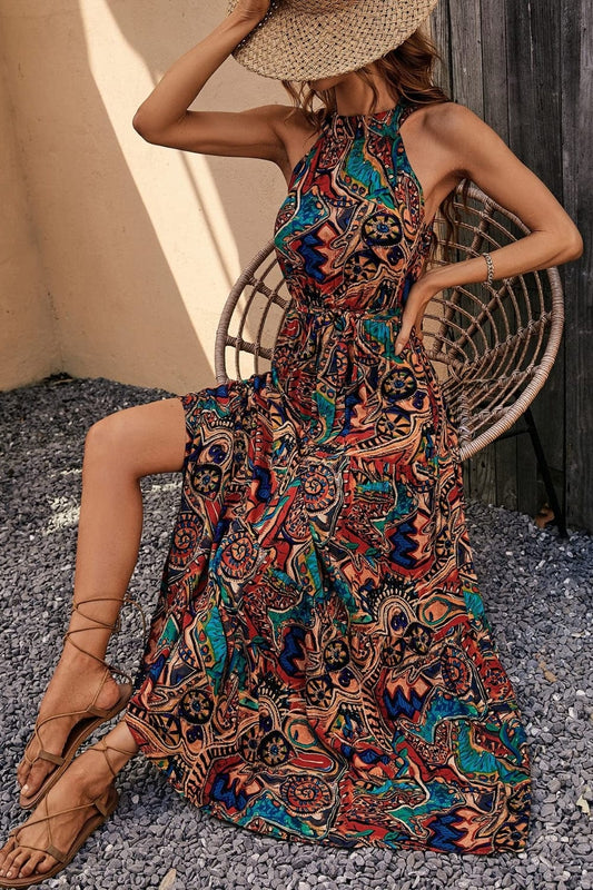 FULL SIZE Tied Slit Floral Sleeveless Dress