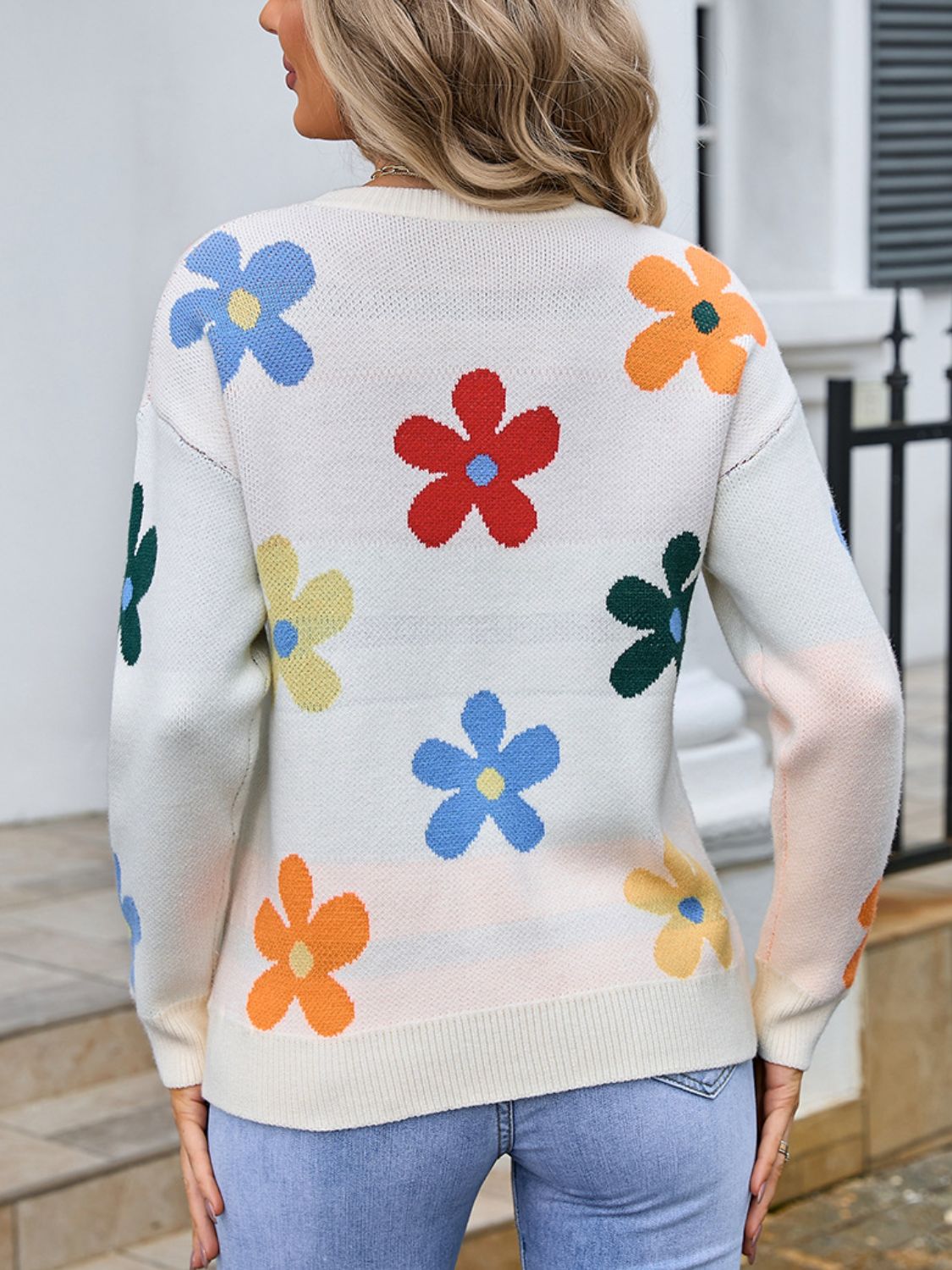 Flower Round Neck Long Sleeve Sweater