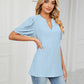 Eyelet Short Puff Sleeve Notched Neck Top