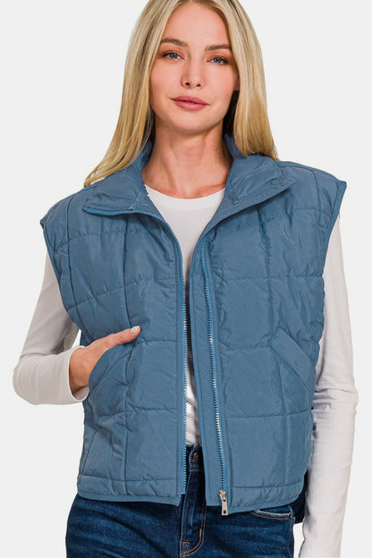 Zenana Zip Up Cropped Puffer Vest with Pockets- Brand Zenana