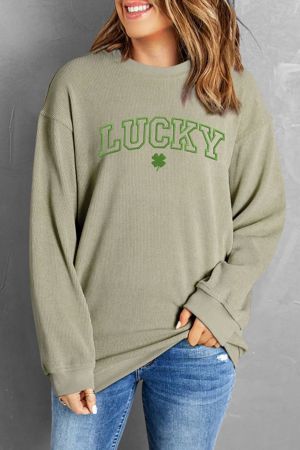 LUCKY Round Neck Dropped Shoulder Sweatshirt