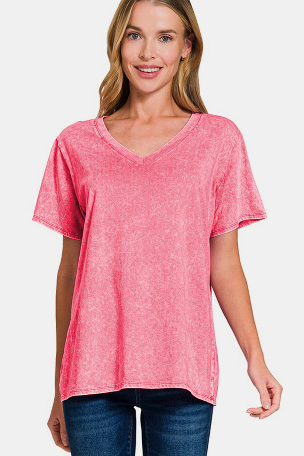 Zenana Full Size Washed Short Sleeve V-Neck T-Shirt *