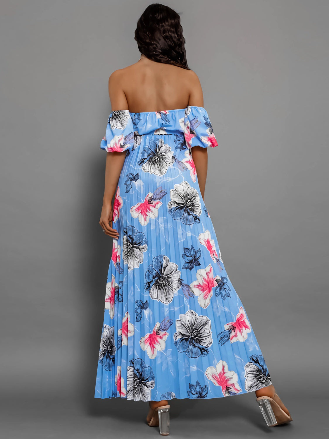 Full Size Pleated Floral Off-Shoulder Short Sleeve Midi Dress