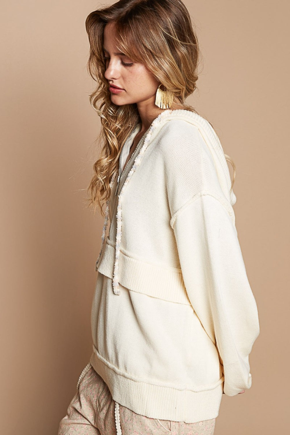 POL Half Zip Drop Shoulder Hooded Sweater *