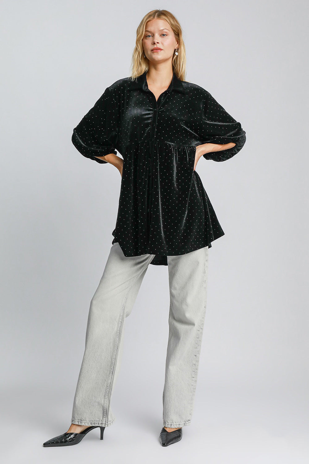 Umgee Full Size Polka Dot Button Up Half Sleeve Shirt *