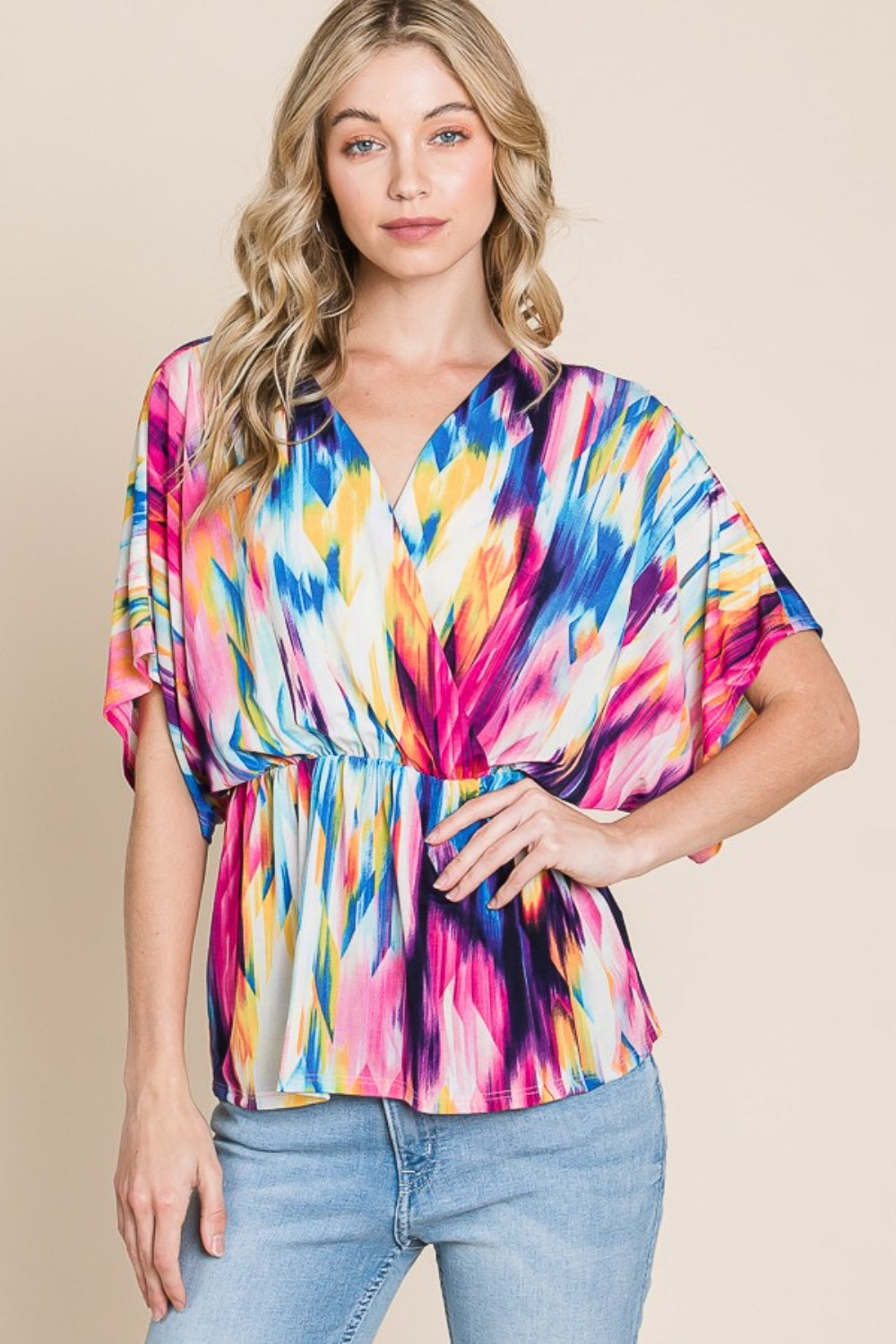 BOMBOM Printed Surplice Peplum Blouse *