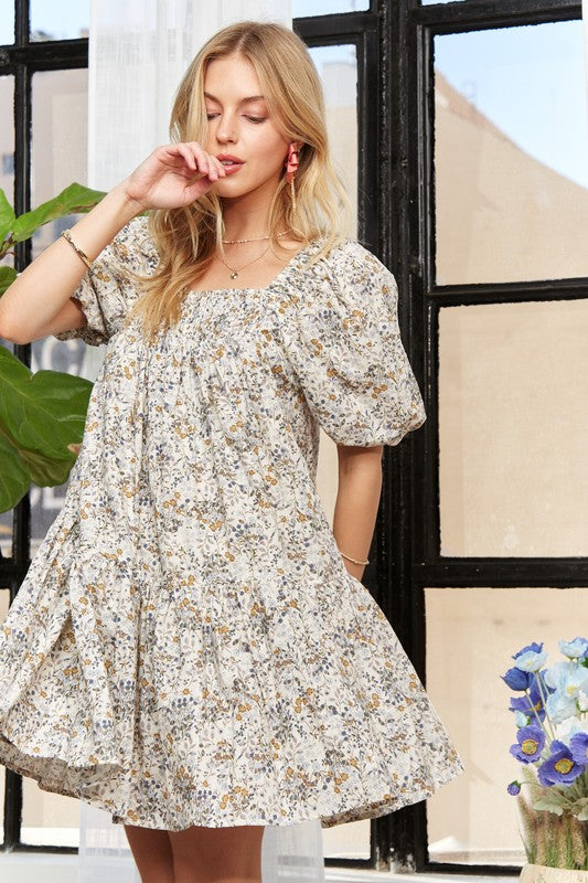 ADORA Floral Square Neck Puff Sleeve Dress