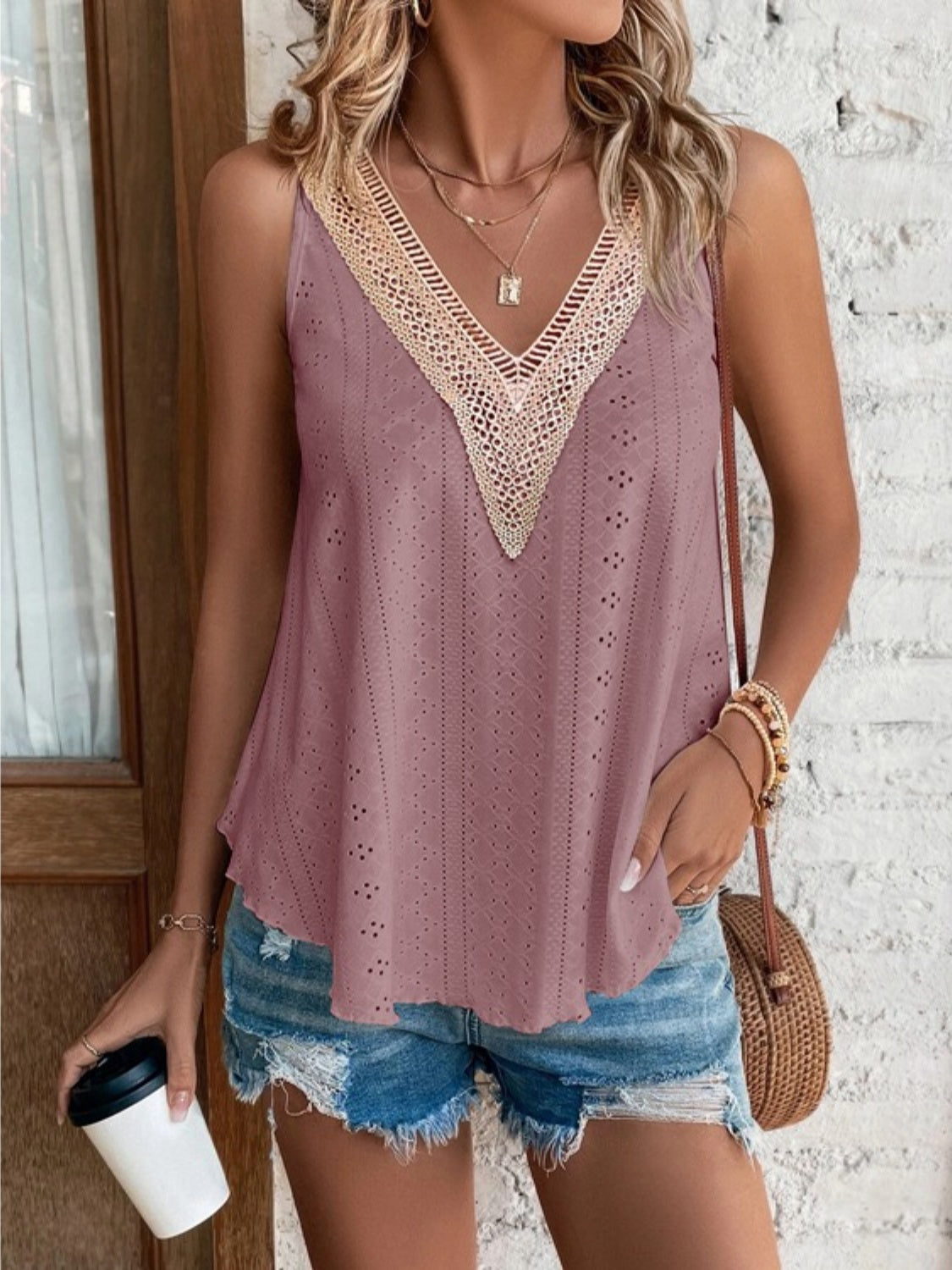 Full Size Eyelet V-Neck Wide Strap Tank