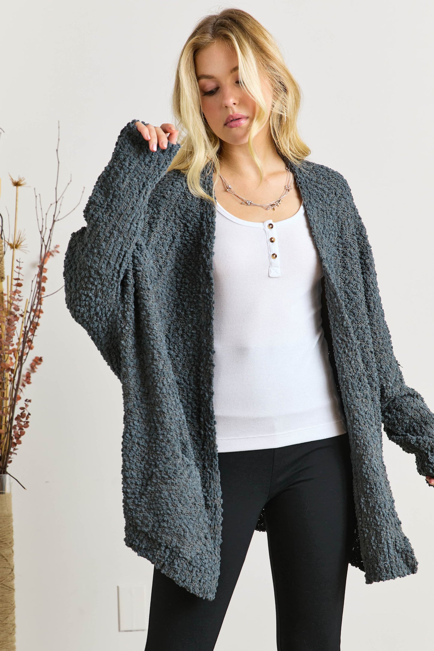 ADORA Popcorn Knit Open Front Long Sleeve Cardigan