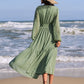Embroidered Polka Dot Tie Neck Long Sleeve Midi Dress