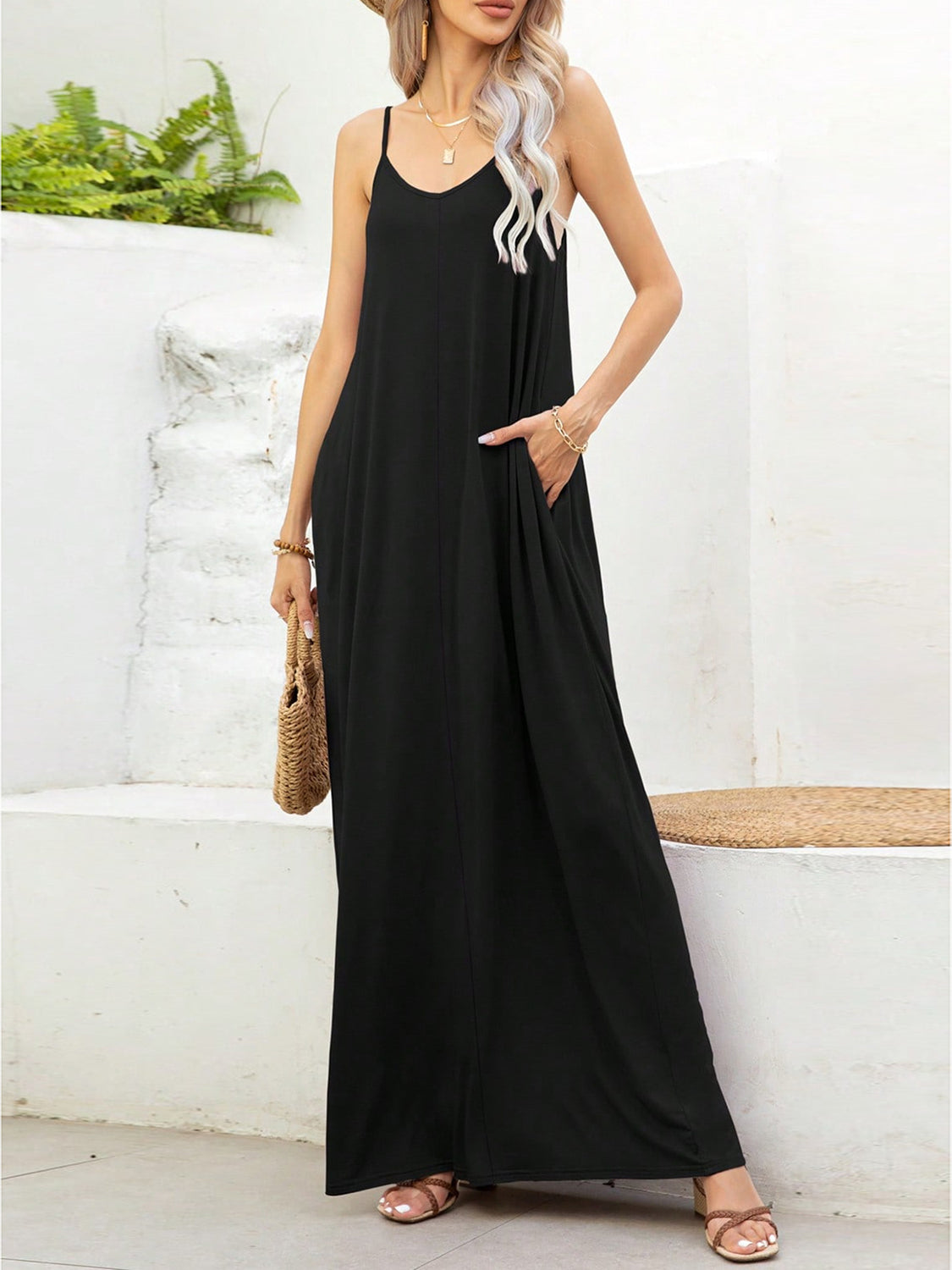 V-Neck Maxi Cami Dress with Pockets