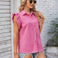 Ruffled Pocketed Collared Neck Cap Sleeve Denim Top