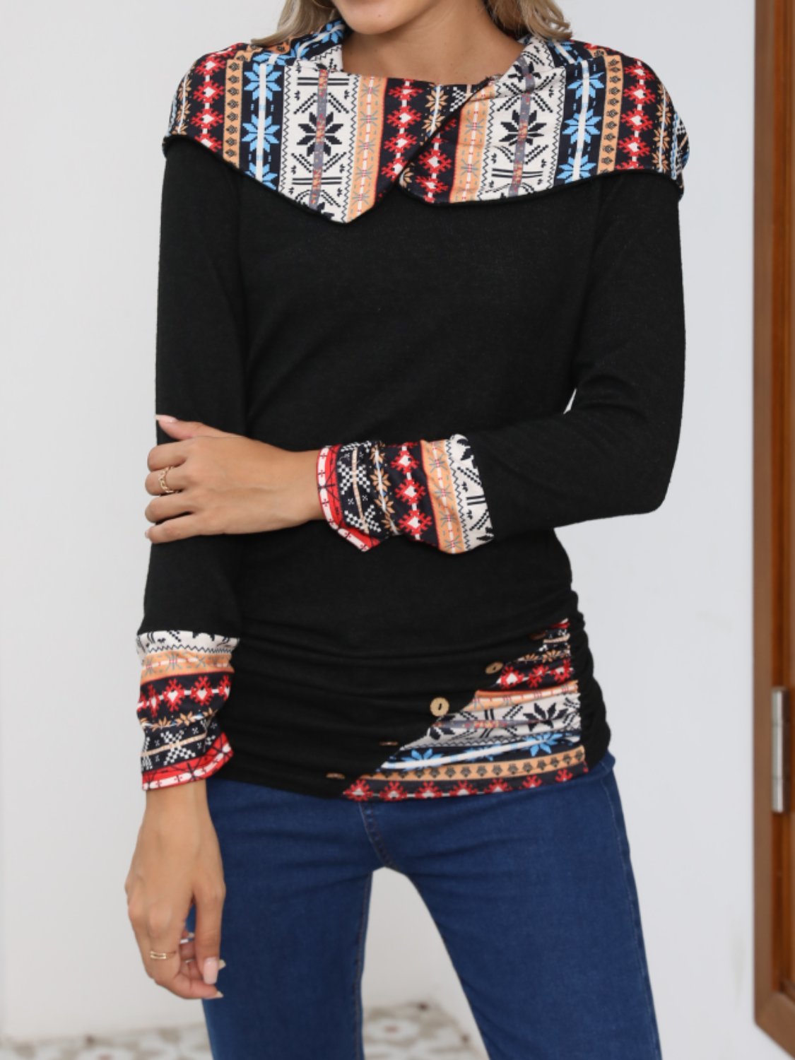 Printed Collared Neck Long Sleeve Blouse