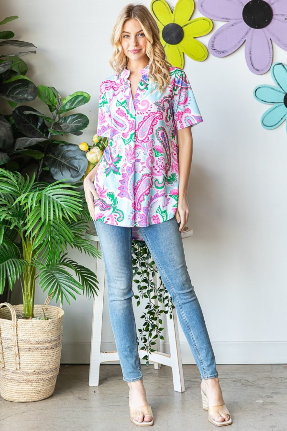 Heimish Full Size Paisley Print Short Sleeve Top *