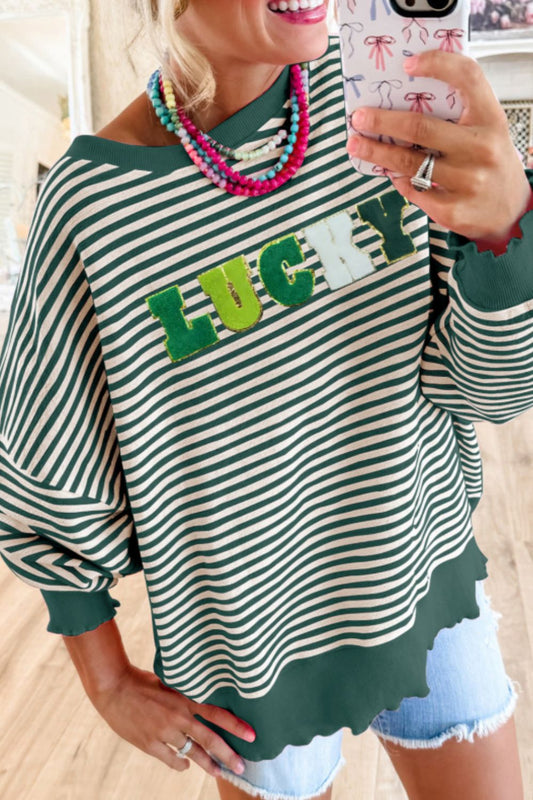 LUCKY Striped Dark Green Round Neck Long Sleeve Sweatshirt