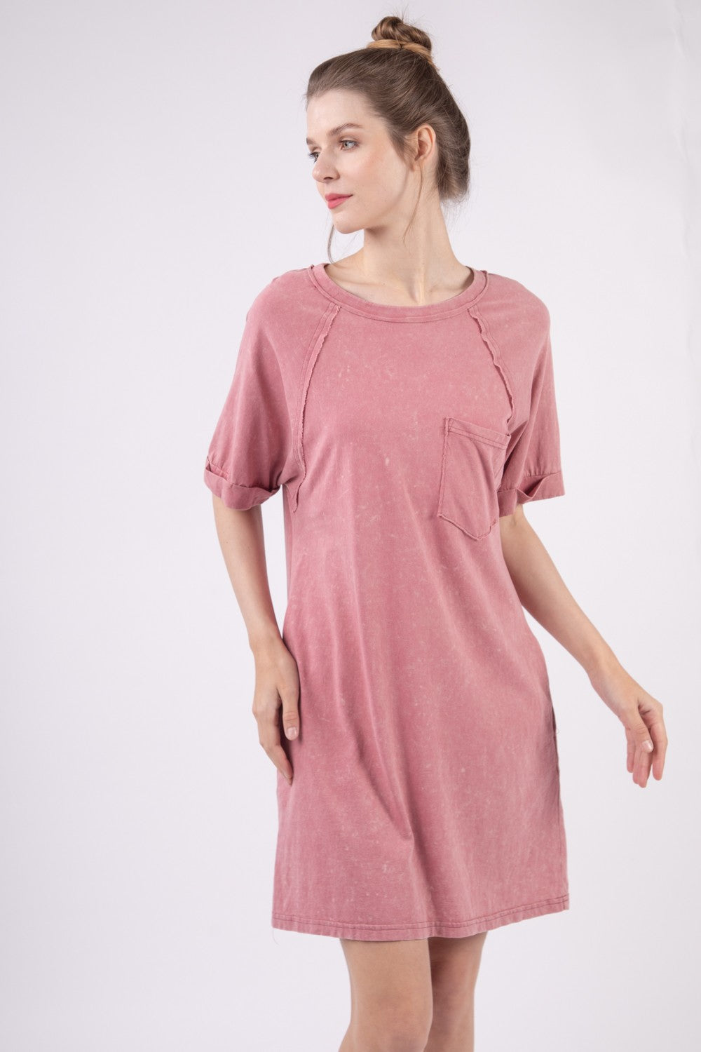 VERY J Washed Mauve Round Neck Mini Tee Dress *