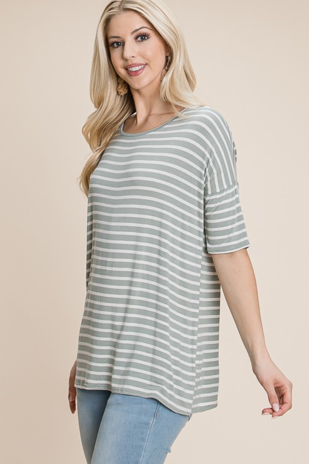 BOMBOM Striped Round Neck T-Shirt *
