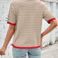 Lovelet Striped Contrast Round Neck Half Sleeve Knit Top