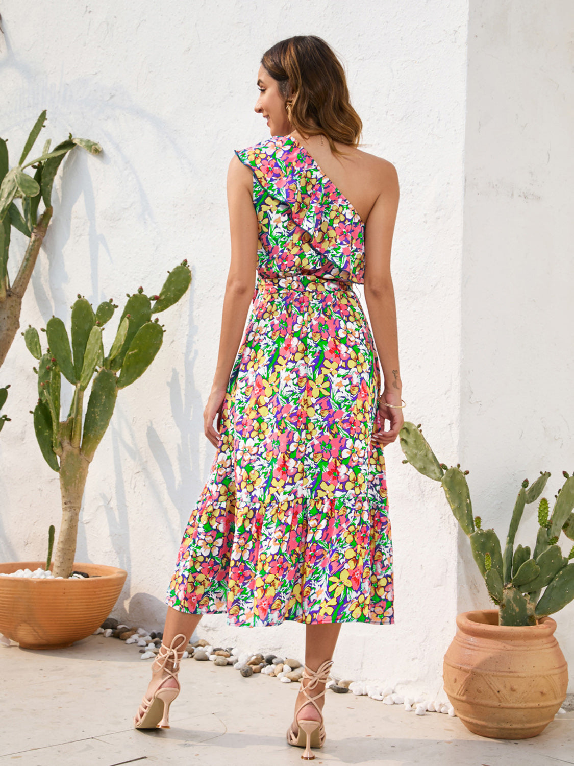 FULL SIZE Ruffled Printed One Shoulder Midi Dress