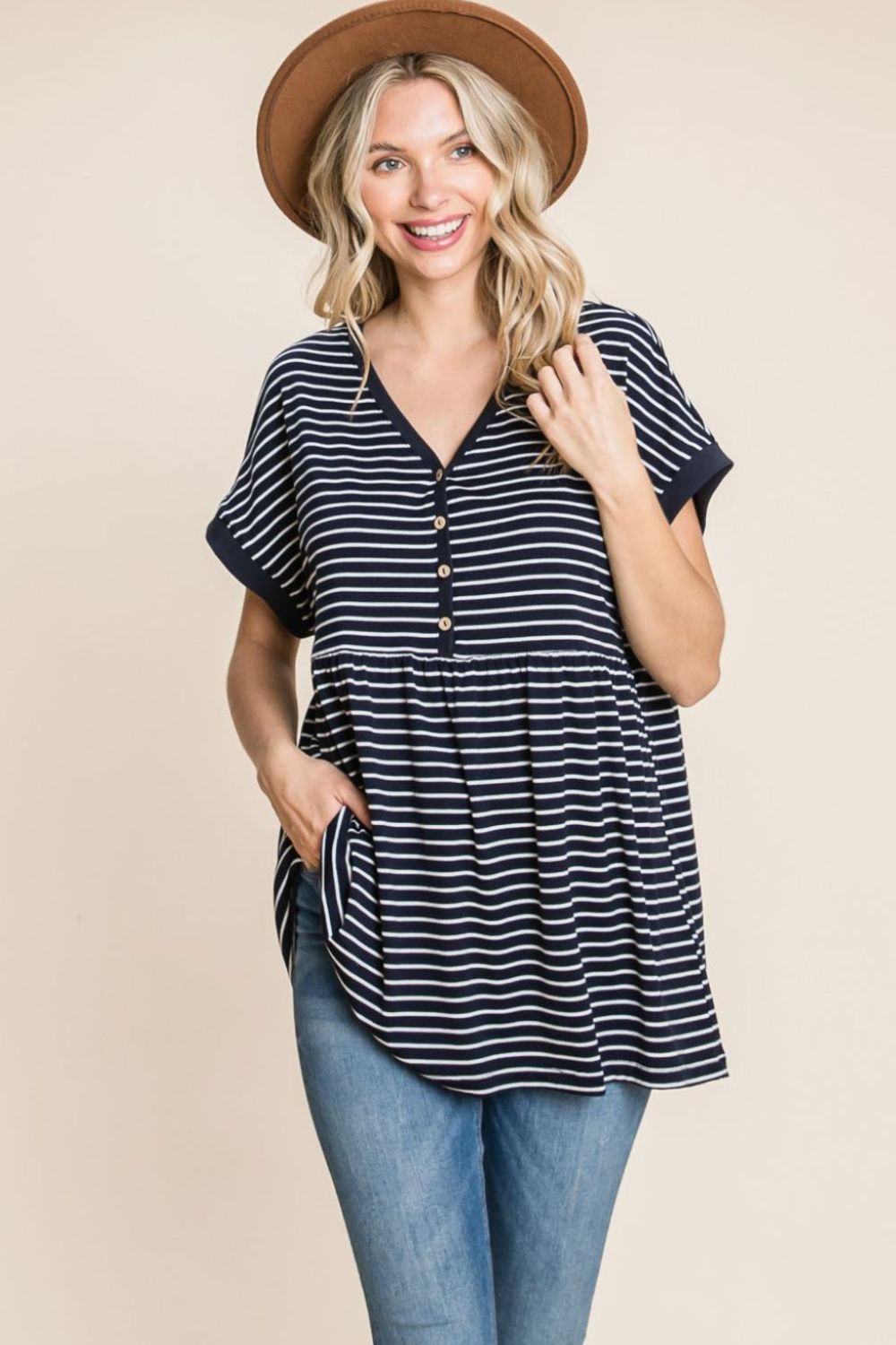 Cotton Bleu by Nu Label Striped Button Front Baby Doll Top *
