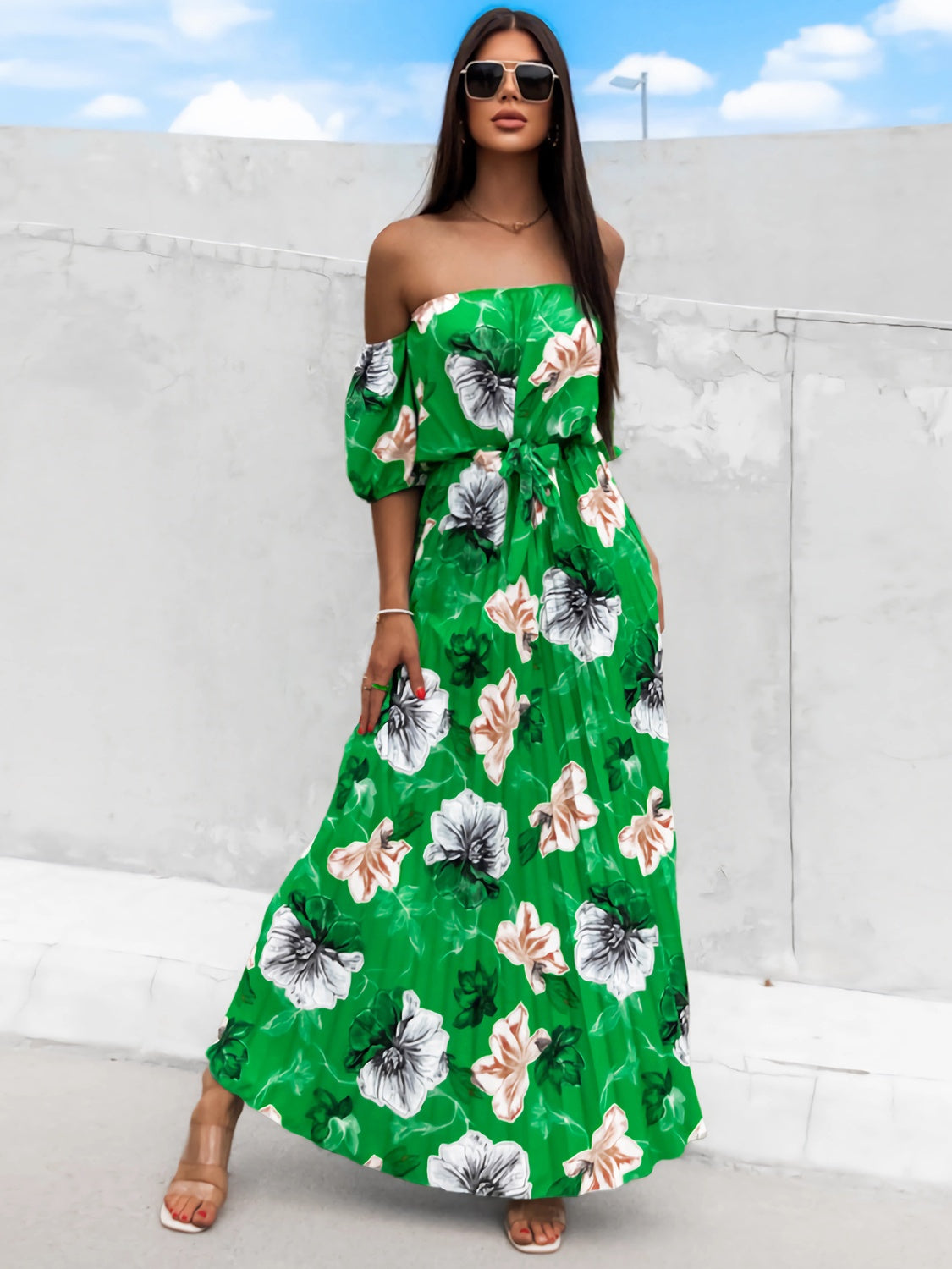 Full Size Pleated Floral Off-Shoulder Short Sleeve Midi Dress