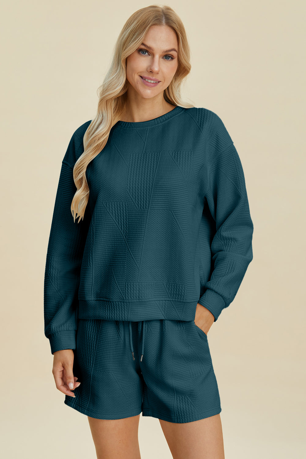 Double Take Full Size Texture Round Neck Long Sleeve Top and Shorts Set *