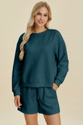 Double Take Full Size Texture Round Neck Long Sleeve Top and Shorts Set *