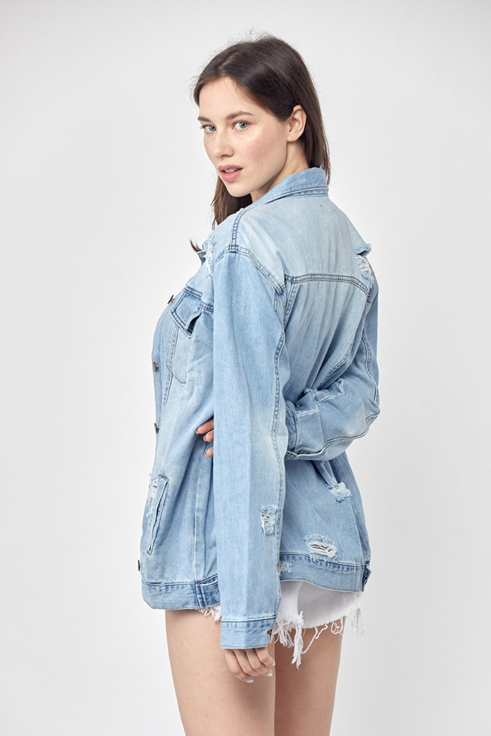 RISEN Full Size Distressed Long Sleeve Denim Jacket *