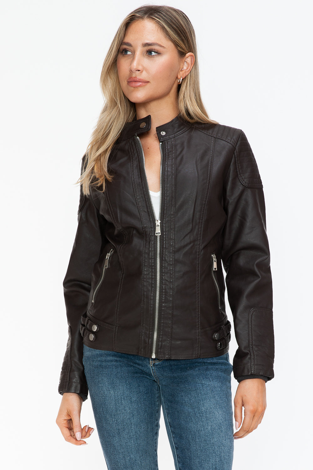 Snobbish Faux Leather Biker Jacket with Side Zip Pockets