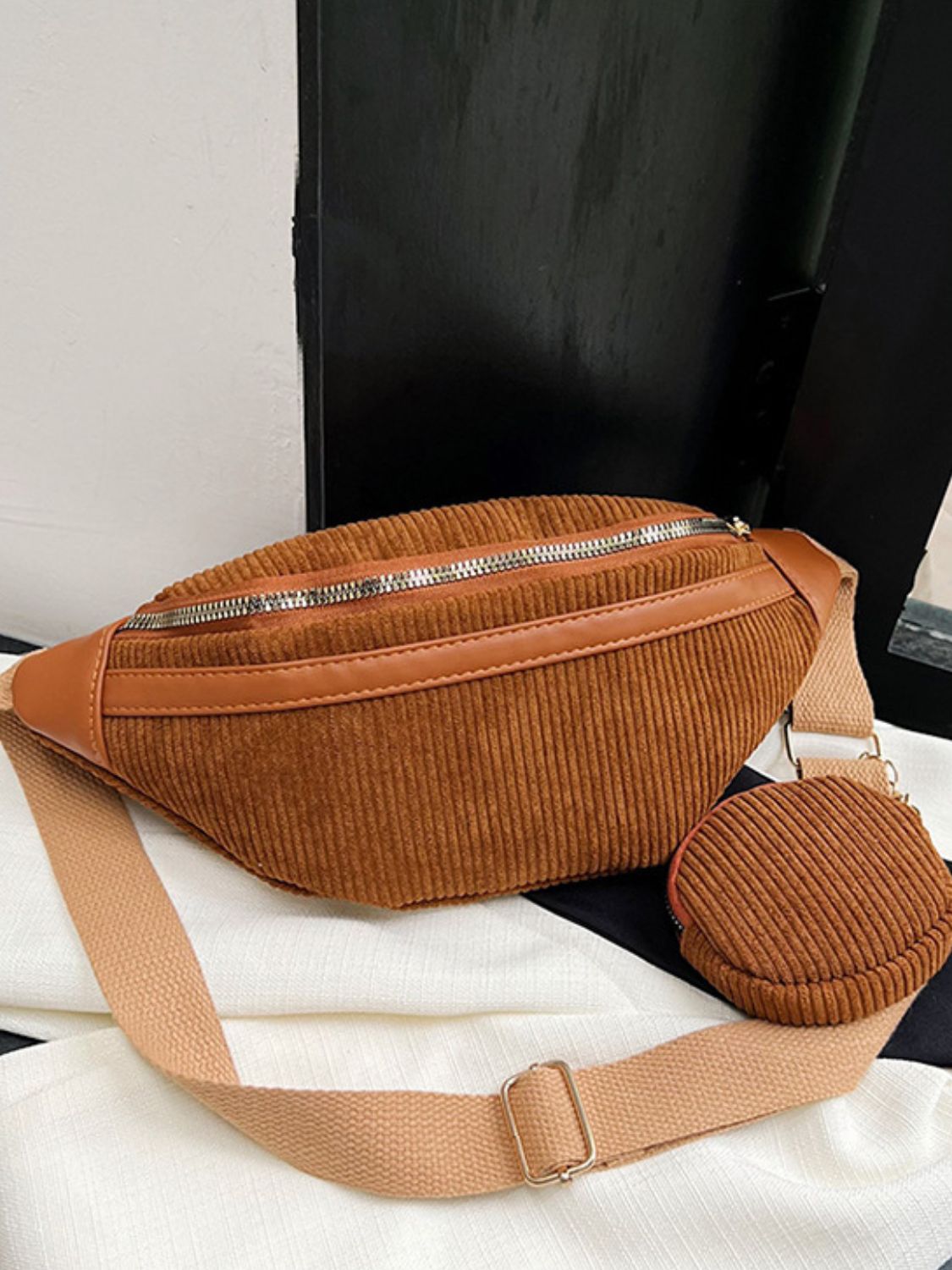 Corduroy Adjustable Strap Crossbody Bag with Pouch