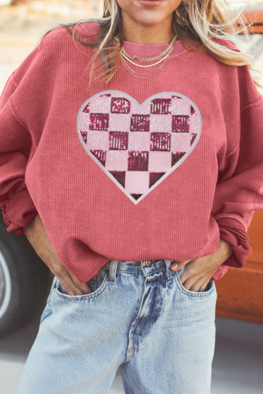 Valentine’s Day Strawberry Red Sequin Checkered Heart Long Sleeve Sweatshirt