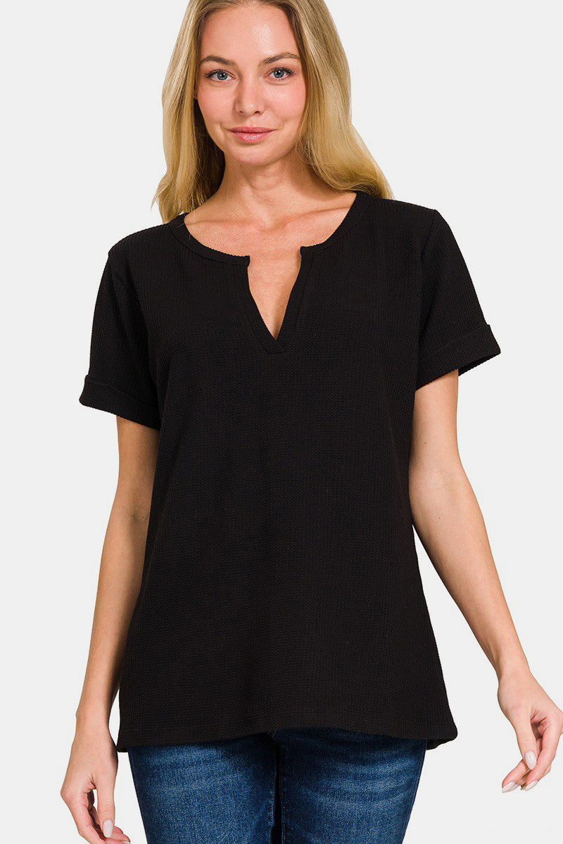 Zenana Notched Short Sleeve Waffle T-Shirt *