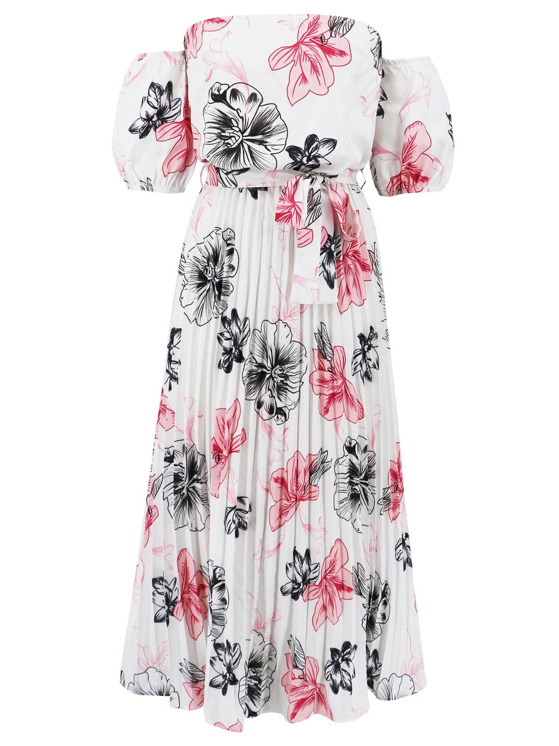 Full Size Pleated Floral Off-Shoulder Short Sleeve Midi Dress