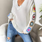 Crochet Flower V-Neck Sweater