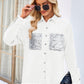 Raw Hem Button Up Long Sleeve Denim Jacket with Sequin Pockets