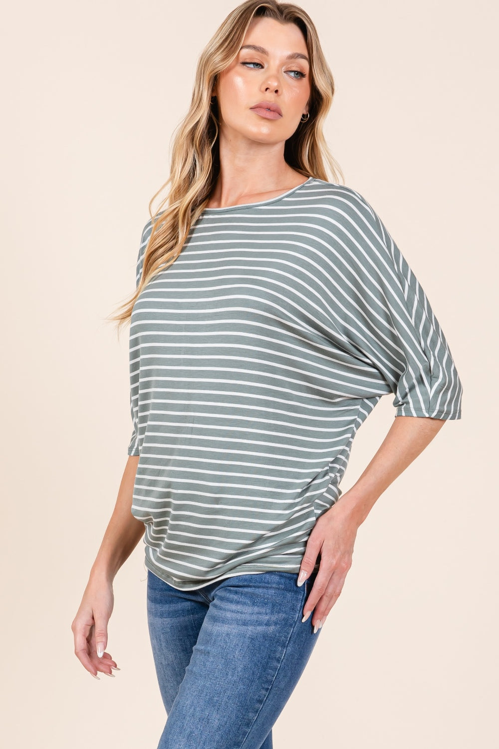 BOMBOM Striped Boat Neck Dolman Sleeve Top *
