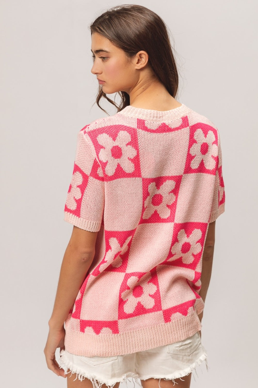 BiBi Flower Checker Pattern Short Sleeve Sweater - Brand BiBi