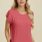 Double Take Full Size Cable-Knit Round Neck Short Sleeve Sweater