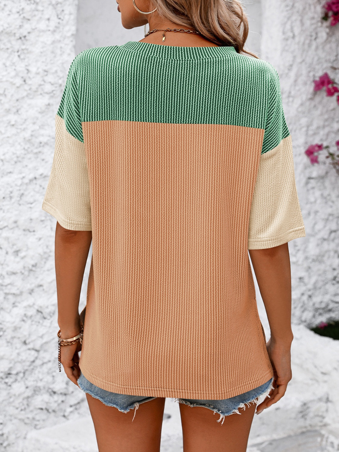 Full Size Color Block Round Neck Half Sleeve T-Shirt