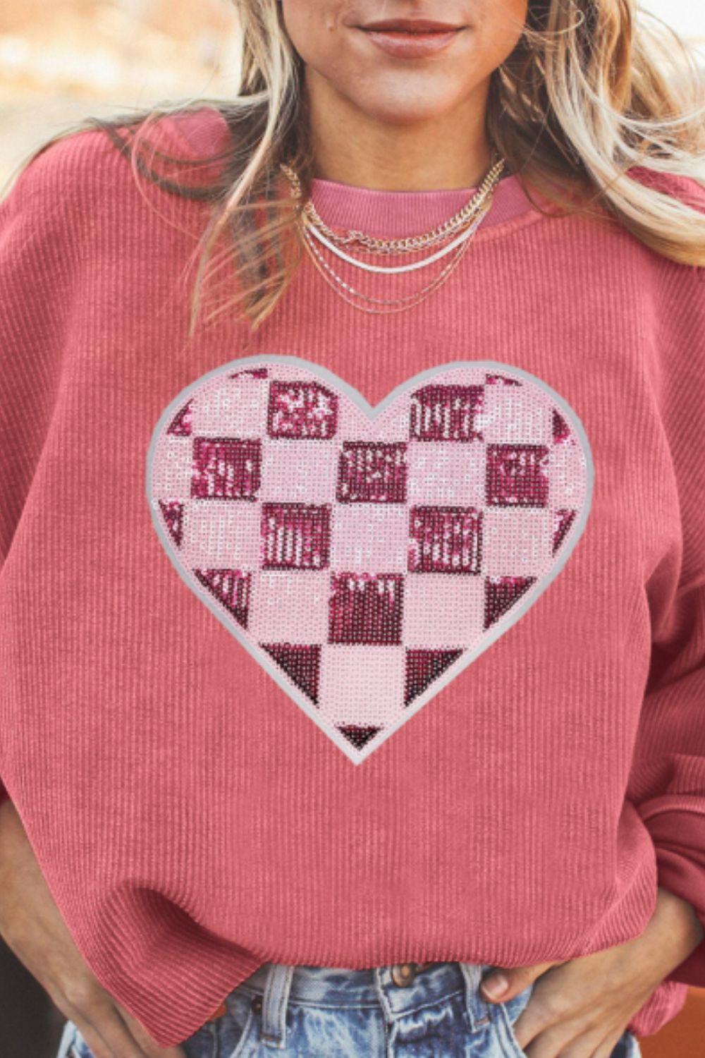 Valentine’s Day Strawberry Red Sequin Checkered Heart Long Sleeve Sweatshirt